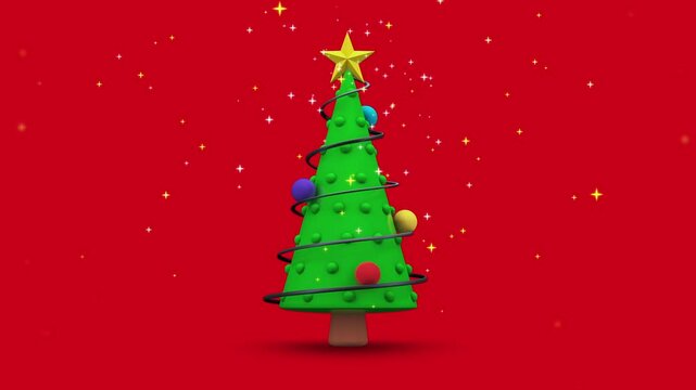 Abstract Cartoon 3D Christmas tree with ornaments rotating around and flying star glitter on red background, Looping animation.