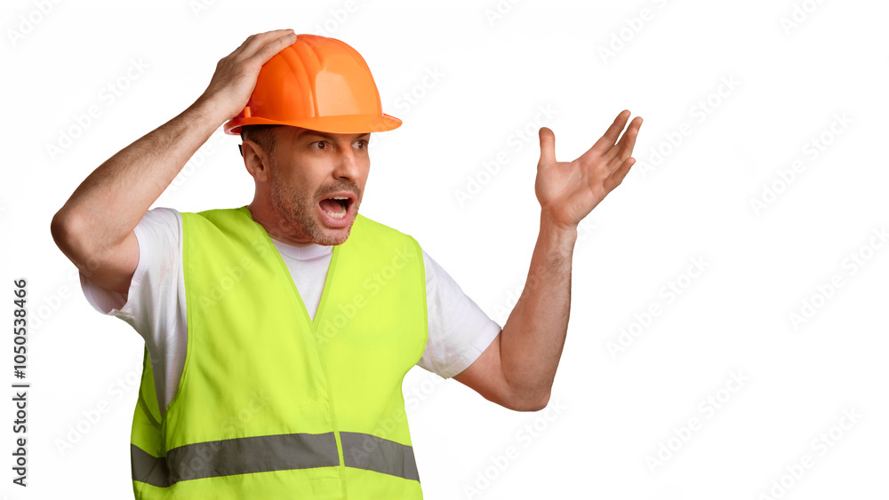 Fototapete Building Problems. Angry Construction Foreman Worker Shouting Touching Hardhat Helmet And Gesturing Looking Aside Standing Over White Studio Background. Panorama, Copy Space