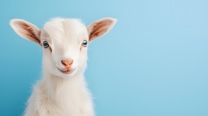Fototapeta premium Baby Goat on Blue Background Close Up
