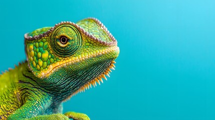 Fototapeta premium Vibrant Chameleon on Blue Background in Studio Setting