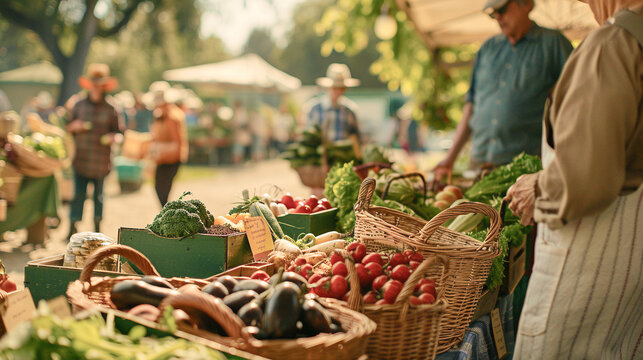  Verduras frescas y coloridas en canastas y cajas en un mercado al aire libre, con personas en segundo plano y ambiente c&aacute;lido y soleado.

