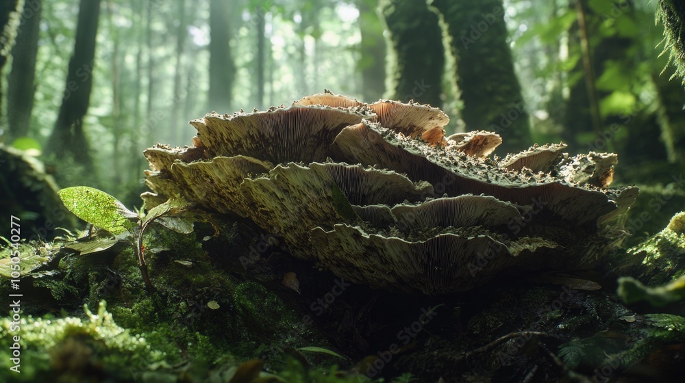Aufkleber close-up view of a tree stump overgrown with various types of mushrooms