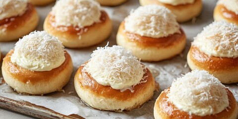 Freshly baked buns topped with cream cheese and shredded coconut on a baking tray with parchment