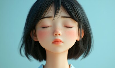 Sad Asian Girl Depressed and Disappointed Character with Closed Eyes in 3D Style, Expressing Emotional Sadness and Human Feelings, Ideal for Representing Vulnerability and Mental Health, Generative AI