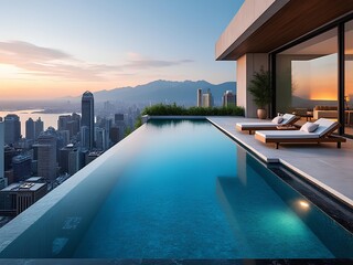 Obraz premium Infinity swimming pool of a luxury modern house that overwatch the beautiful city view