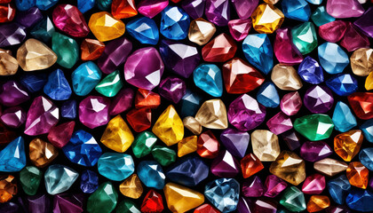 A group of multi-colored gemstones on a black background.