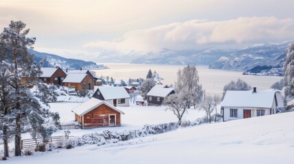 A serene Norwegian village with traditional wooden houses, nestled in a snow-covered landscape with fjord views, captured under a soft winter light