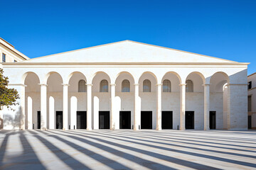 Fototapeta premium empty bullring at dawn, long shadows across sand, architectural details visible