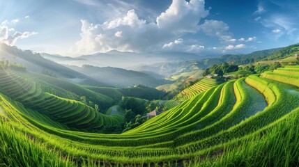 Fototapeta premium A serene rice terrace cascading down lush green hills under a clear sky, Rural setting with agricultural beauty, Serene style