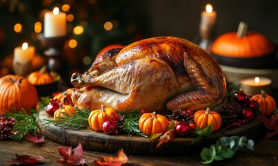 Thanksgiving Dinner Table with Roasted Turkey, Mini Pumpkins, Candles, and Autumn Leaves on Rustic Wooden Background for Festive Fall Celebration, Generative AI