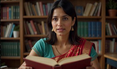 Indian woman holding an open book reading a book in the library