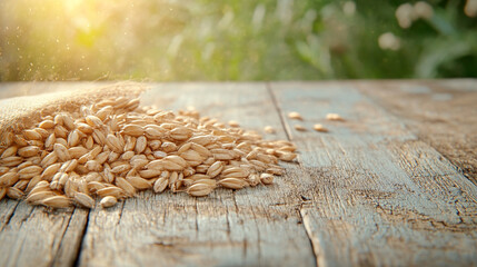 Obraz premium Organic wheat grains, scattered on rustic surface, 3D illustration, clean and clear design