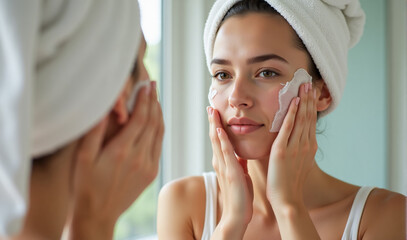 A close-up of a young woman standing in front of a bathroom mirror, gently applying a nourishing lotion to her facial skin. Her hair is wrapped in a towel