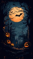 Sinister Halloween Night Forest with Glowing Jack-O'-Lanterns, Haunting Raven, and Full Moon, Generative AI