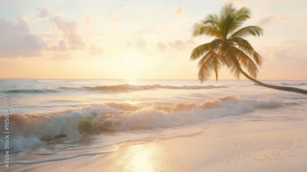 Aufkleber a serene sunrise over a tranquil beach with gentle waves and a lone palm tree, tropical setting with