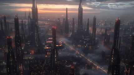 Fototapeta premium Futuristic cityscape with towering skyscrapers and misty lights at sunset, depicting a cyberpunk urban skyline