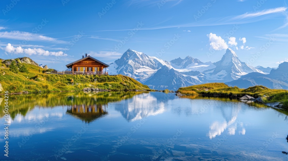 Poster a serene view of a mountain lodge overlooking a pristine alpine lake with snow-capped peaks in the d