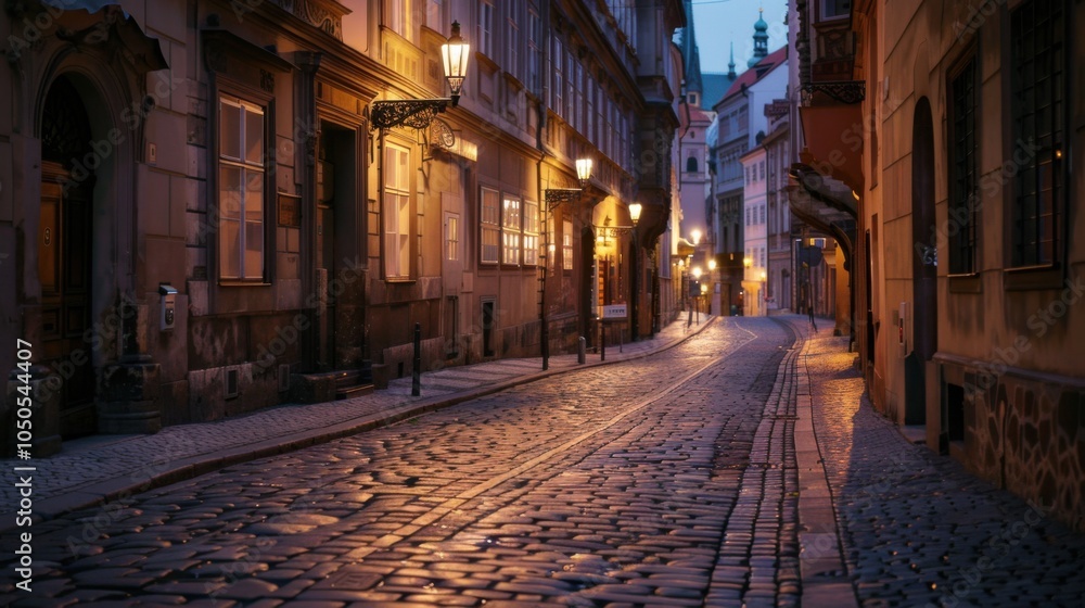 Aufkleber A serene view of a quiet street in the historic district of Prague with cobblestone streets and medieval architecture illuminated by soft evening lights, historic setting with warm tones, Prague style