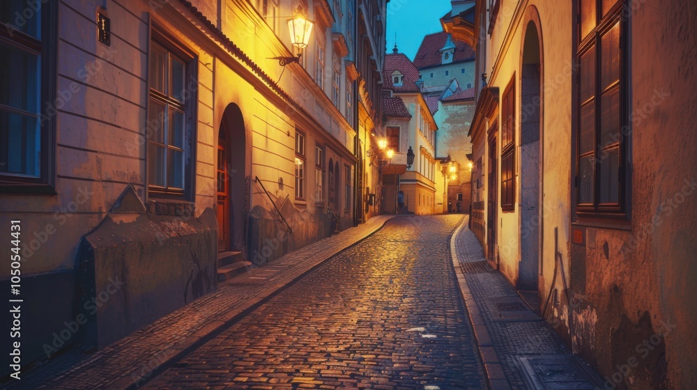 Poster a serene view of a quiet street in the historic district of prague with cobblestone streets and medi