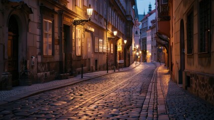 Obraz premium A serene view of a quiet street in the historic district of Prague with cobblestone streets and medieval architecture illuminated by soft evening lights, historic setting with warm tones, Prague style