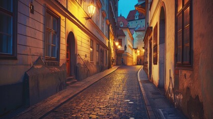 Obraz premium A serene view of a quiet street in the historic district of Prague with cobblestone streets and medieval architecture illuminated by soft evening lights, historic setting with warm tones, Prague style