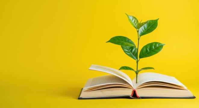 Open book with green plant growing, symbolizing knowledge and growth on yellow background
