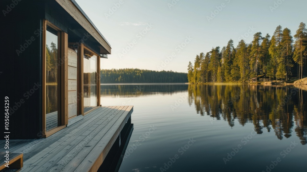 Poster a serene view of a traditional finnish sauna by a tranquil lake with a backdrop of dense pine forest