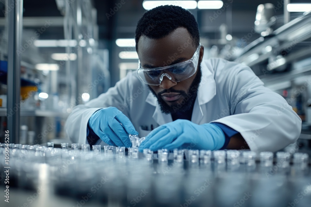 Poster a scientist wearing a lab coat and goggles works on a machine, possibly conducting an experiment or 