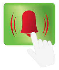 click bell icon with hand, forefinger, point cursor, hand mouse cursor, turn on button, notification sign, bel icon, signal symbol, alert sign, alarm sign, red color, ringtone sign, reminder sign, PNG