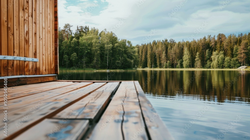 Poster A serene view of a traditional Finnish sauna by a tranquil lake with a backdrop of dense pine forests and a clear, serene sky, peaceful setting with cool colors