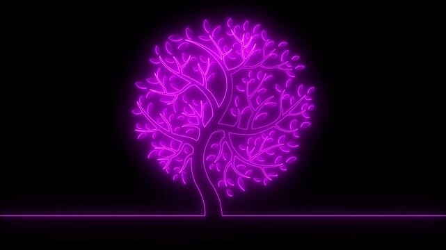 Circuit tree on black background in pink color. Halloween tree neon line icon animation. on black background