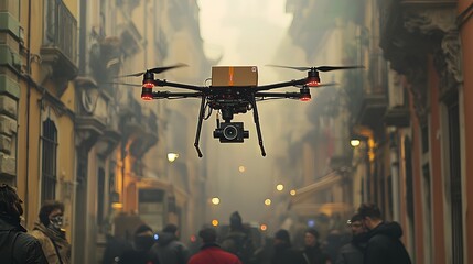Drone in Mid Flight with Package Delivery Sensors