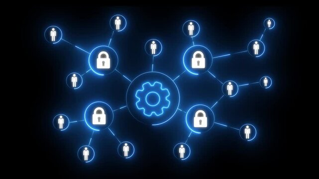 glowing blue neon lock and man icon with gear settings icon. of document sign with cogwheel gear icon isolated on black background.