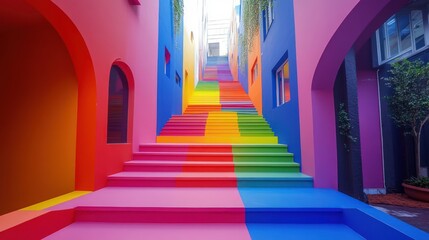 A colorful staircase leading upwards between colorful buildings.