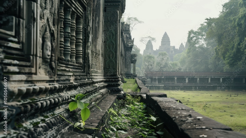 Aufkleber a serene view of the ancient temples and lush greenery of angkor wat with morning fog and historical