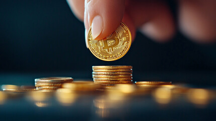 
Hand depositing a golden coin into a digital slot, merging physical wealth with digital savings tools