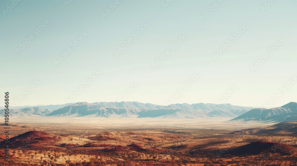 Poster A serene view of the Australian Outback with vast red deserts and distant mountain ranges under a bright, clear sky, desert setting with expansive beauty