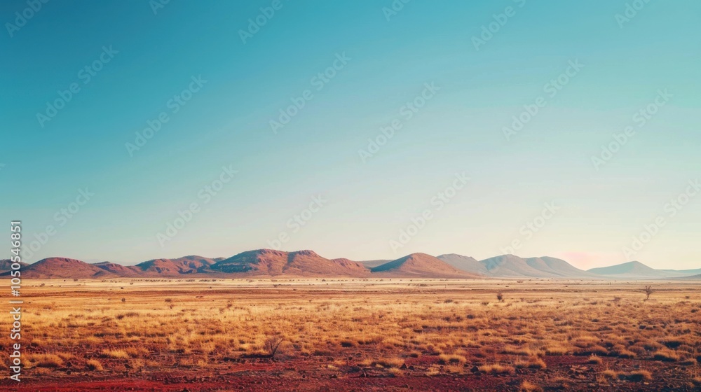 Poster A serene view of the Australian Outback with vast red deserts and distant mountain ranges under a bright, clear sky, desert setting with expansive beauty