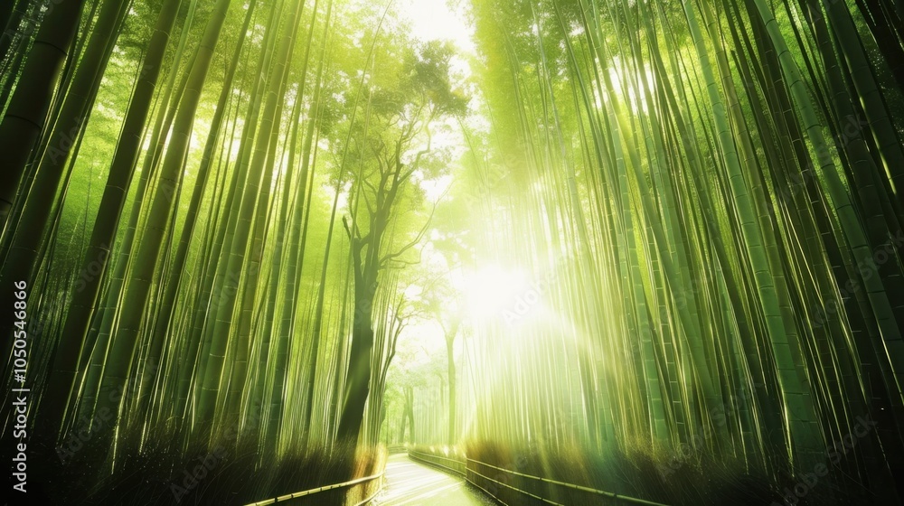 Poster A serene view of the bamboo forests in Kyoto with sunbeams filtering through the tall, green stalks and a tranquil pathway winding through the grove, peaceful setting with soft greens and light