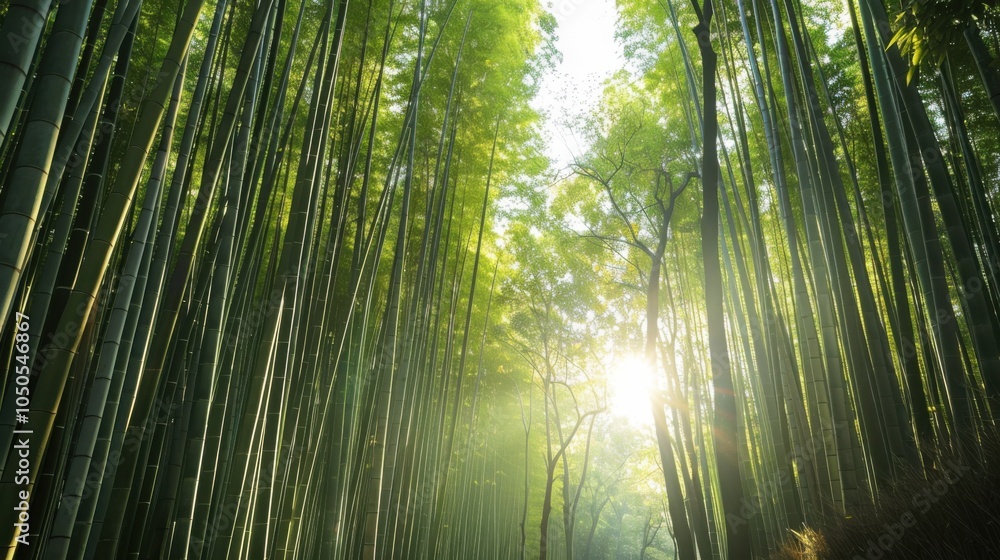 Aufkleber a serene view of the bamboo forests in kyoto with sunbeams filtering through the tall, green stalks 