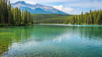 A serene view of the emerald green lakes and dense forests of Canada��s Banff National Park with towering mountain peaks in the distance, national park setting with rich greens and blues, Banff style