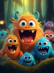Group of Happy Monsters in a Forest Clearing