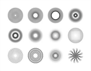 Black and white starburst pattern vector illustration featuring converging lines, circular rotational dynamics, and a geometric checkerboard design.