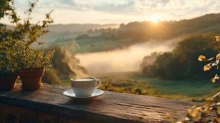 A rustic terrace with a steaming cup of coffee, overlooking a fog-shrouded valley at sunrise. The mist rolls through the landscape, while the soft morning light gently illuminates the scene,