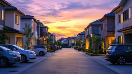 Obraz premium Cars parked along the street at sunset