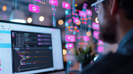 
Creative workspace with floating social media icons around a computer screen, highlighting the impact of digital platforms on modern creativity,