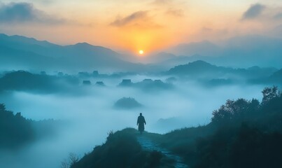 Traveler strolls through a misty dawn valley