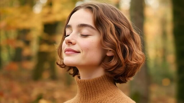 Young woman with short, wavy hair smiles gently in serene autumn forest, where warm tones of her brown sweater beautifully complement vibrant fall foliage, creating peaceful atmosphere in nature.