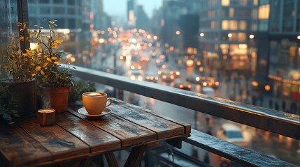 A rustic wooden table on a high-rise terrace with an espresso cup, overlooking a busy city street below. The scene is illuminated by soft afternoon light,