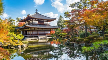 Obraz premium A serene view of the historic city of Kyoto during autumn with colorful maple leaves covering traditional temples and tranquil ponds reflecting the vibrant foliage